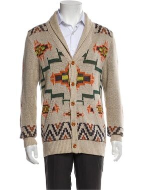 Koto Men's Shawl Collar Cardigan Sweater - Beige with Green & Orange Pattern
